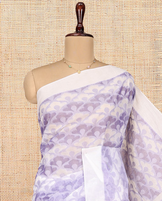 Lavender Coimbatore Cotton Saree, Accentuated with Geometric Design on Its Body, a Subtle Diamond Border, Pallu of Geometric Patterns, and Paired with Contrast Blouse