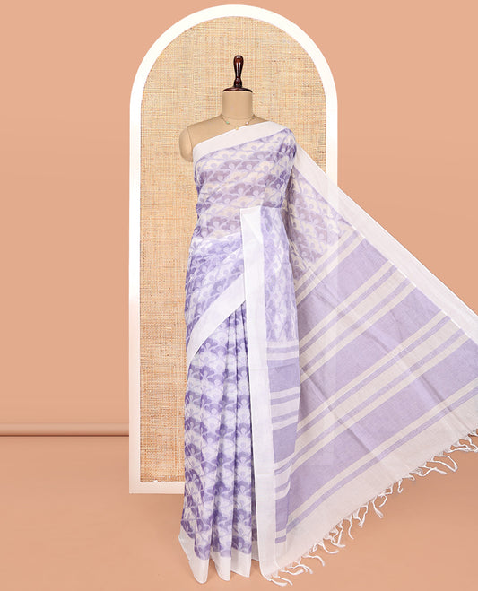 Lavender Coimbatore Cotton Saree, Accentuated with Geometric Design on Its Body, a Subtle Diamond Border, Pallu of Geometric Patterns, and Paired with Contrast Blouse