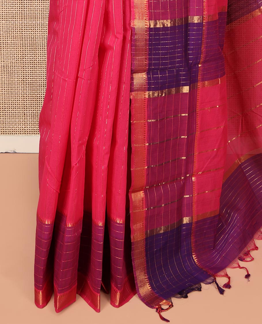Pink Mangalgiri Cotton Saree, Sparsely Woven with Stripes on Its Body, Complemented by Contrast Zari Temple Checked Border, Zari-Striped Pallu, and Paired with a Contrast Blouse