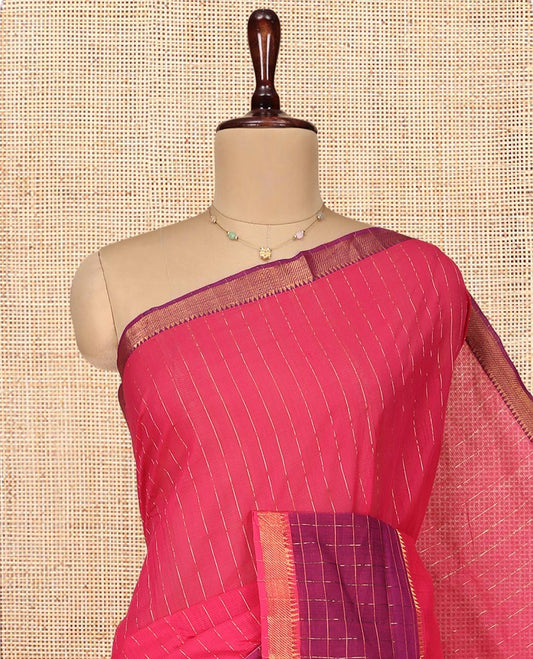 Pink Mangalgiri Cotton Saree, Sparsely Woven with Stripes on Its Body, Complemented by Contrast Zari Temple Checked Border, Zari-Striped Pallu, and Paired with a Contrast Blouse