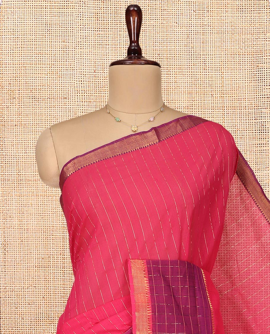 Pink Mangalgiri Cotton Saree, Sparsely Woven with Stripes on Its Body, Complemented by Contrast Zari Temple Checked Border, Zari-Striped Pallu, and Paired with a Contrast Blouse