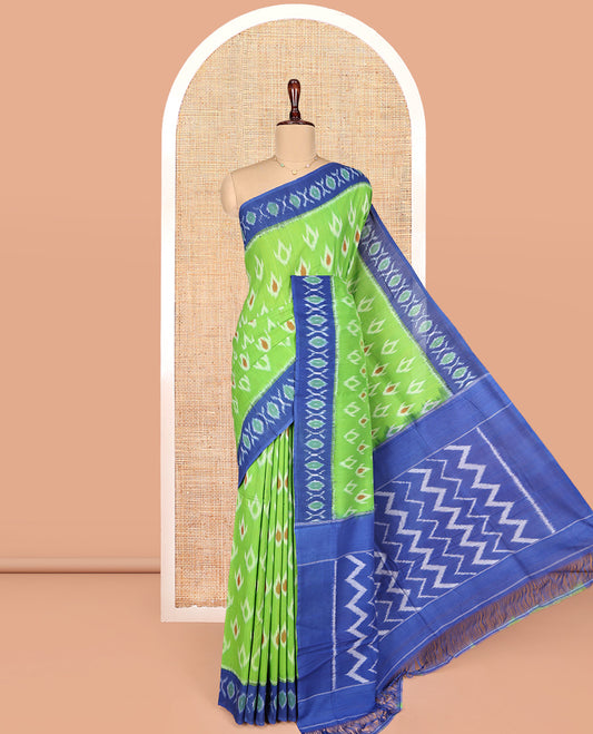 Green Ikkat Cotton Saree, Decked Up with Ikkat Buttas All Over Its Body, Complemented by Contrast Ikkat-Textured Border, Ikkat-Textured Chevron Striped Pallu, and Has No Blouse