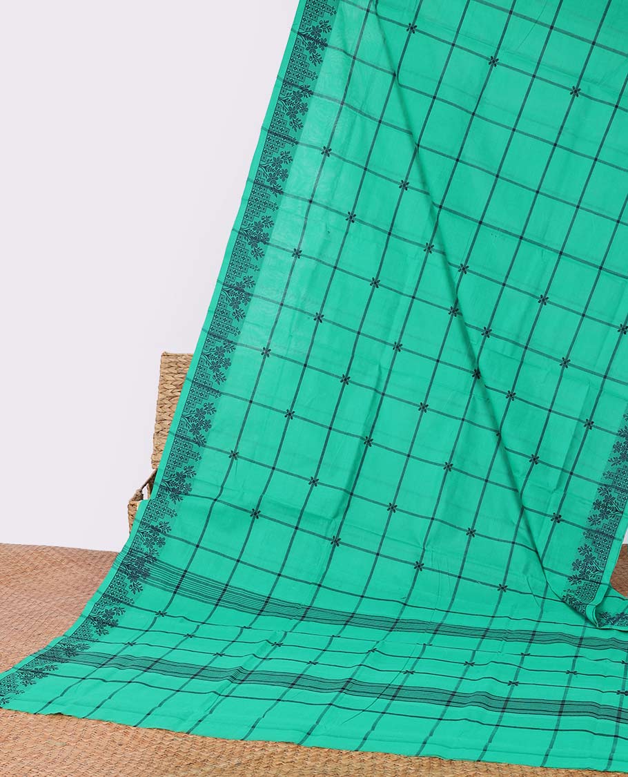Green checked Chettinad Cotton saree, unique design border