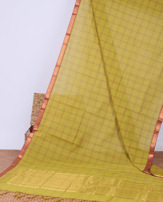 Green checked design khadi cotton saree with contrast zari border & zari design pallu