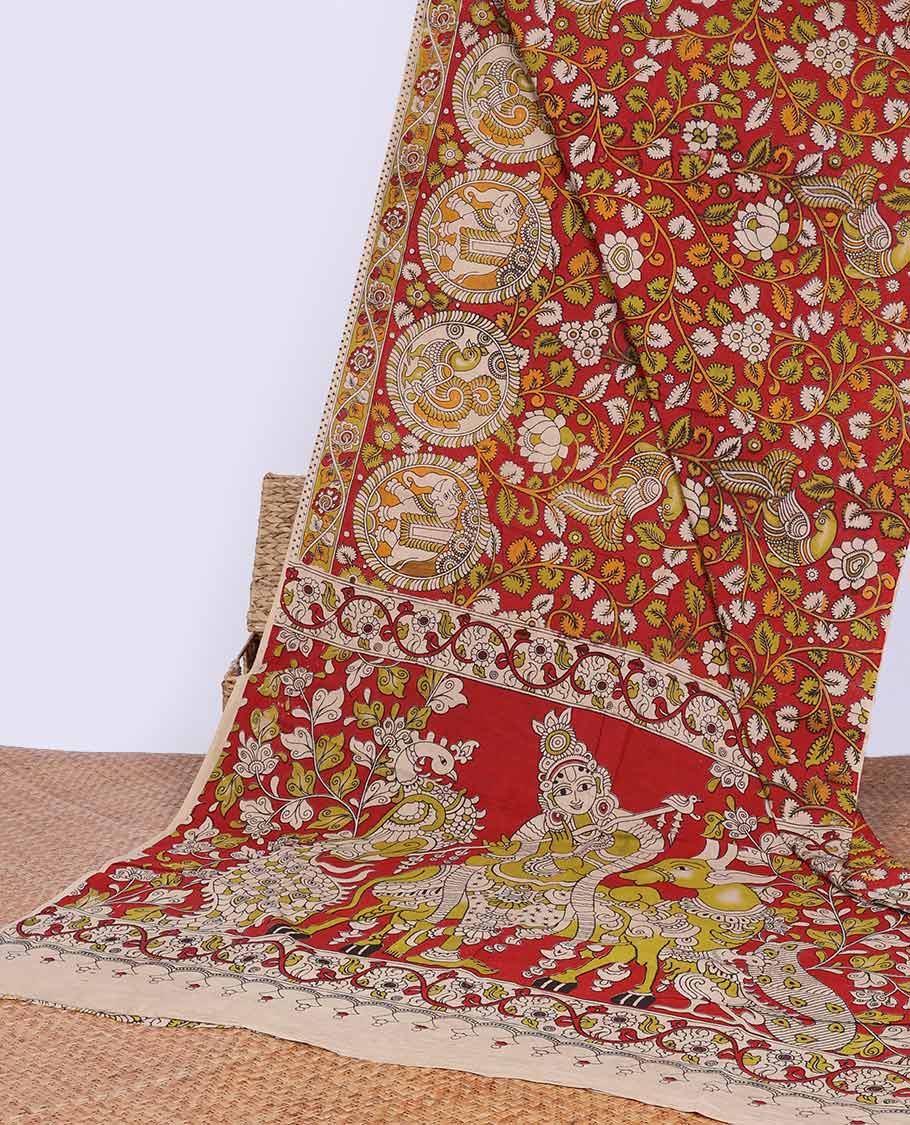 Red floral and animal motifs machine printed kalamkari cotton saree with contrast border & krishna inspired design pallu