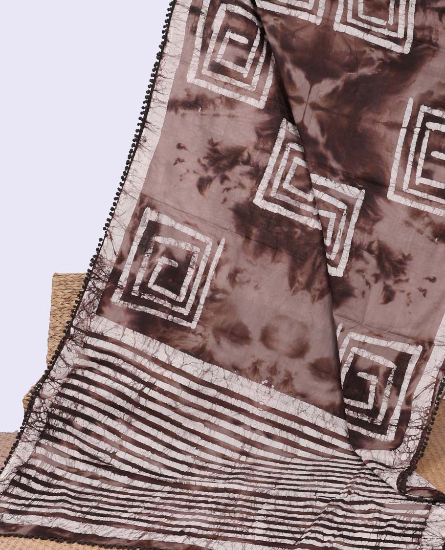 Brown geometric batik print mul mul cotton saree with contrast plain border & striped batik print pallu