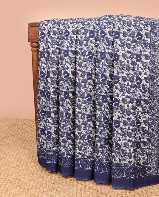 Blue floral batik design mul mul cotton saree witlself intricate design border & floral design pallu