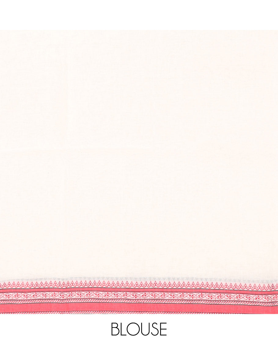 White Plain Khadi Cotton Saree, Complemented by Contrasting Border of Traditional Designs, Subtly Striped Pallu, and Paired with a Matching Blouse