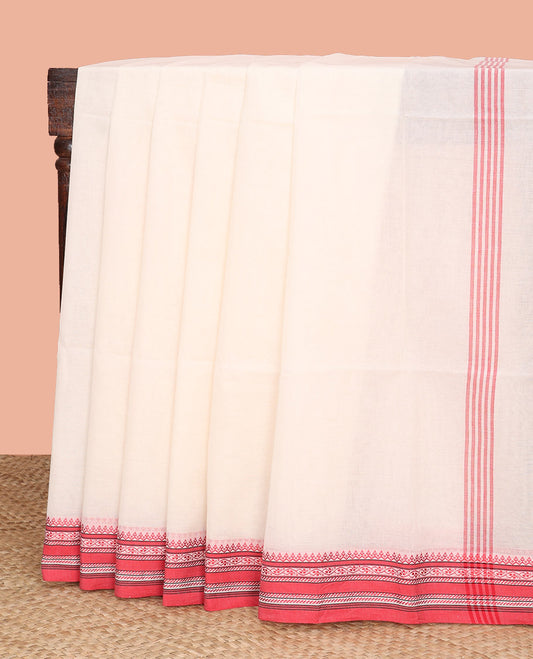 White Plain Khadi Cotton Saree, Complemented by Contrasting Border of Traditional Designs, Subtly Striped Pallu, and Paired with a Matching Blouse