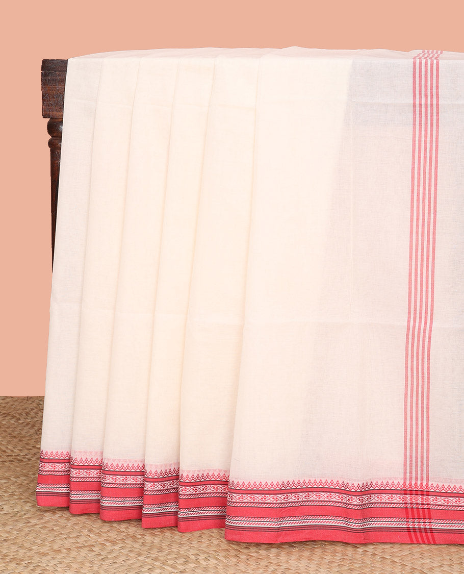 White Plain Khadi Cotton Saree, Complemented by Contrasting Border of Traditional Designs, Subtly Striped Pallu, and Paired with a Matching Blouse