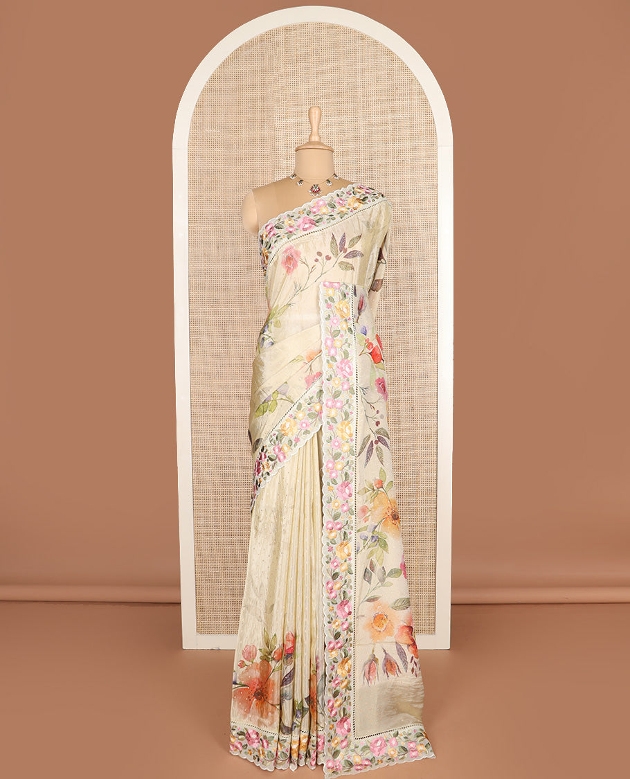 Sandal buttas with floral printed dola silk saree, contrast floral embroidered scallop border