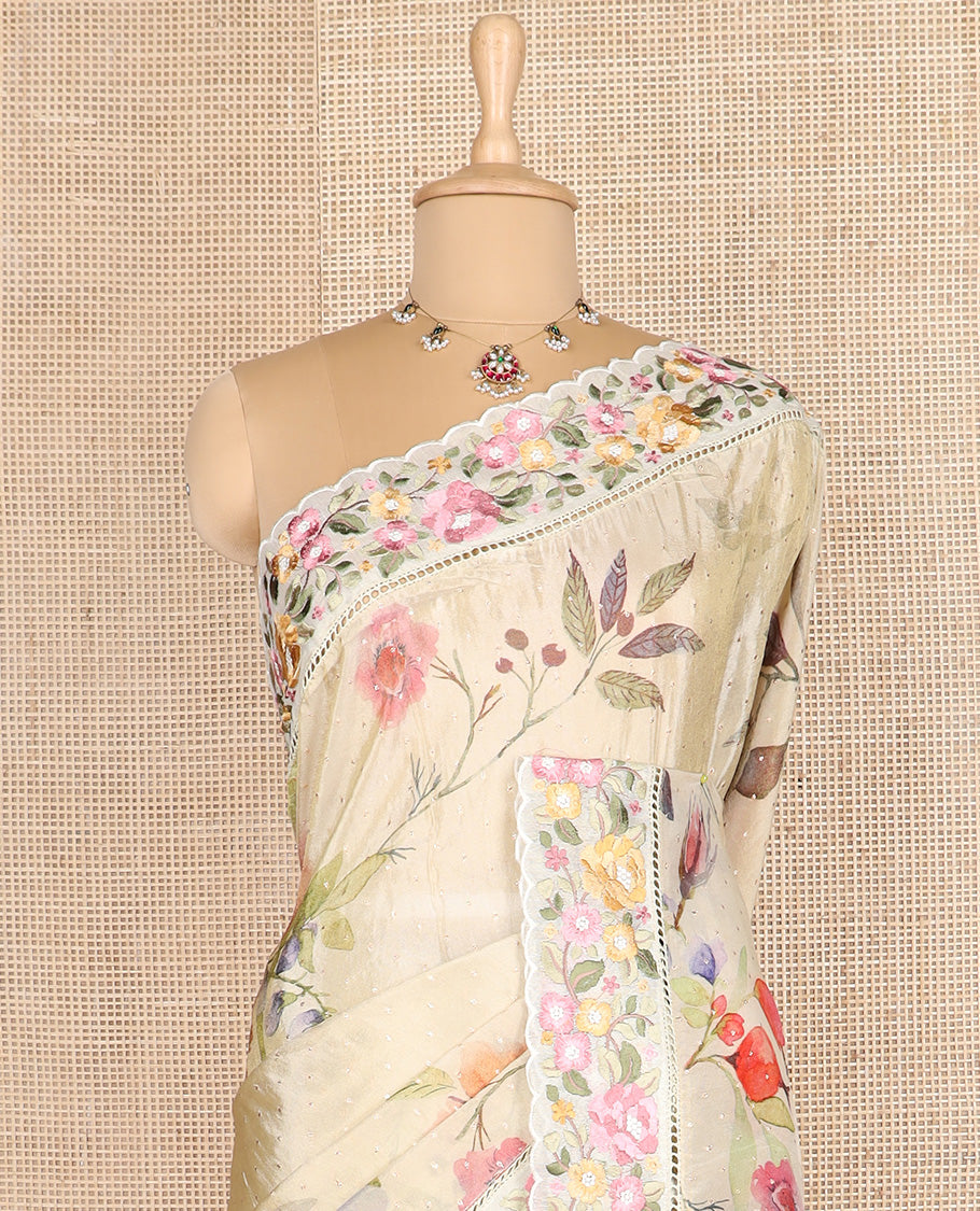 Sandal buttas with floral printed dola silk saree, contrast floral embroidered scallop border