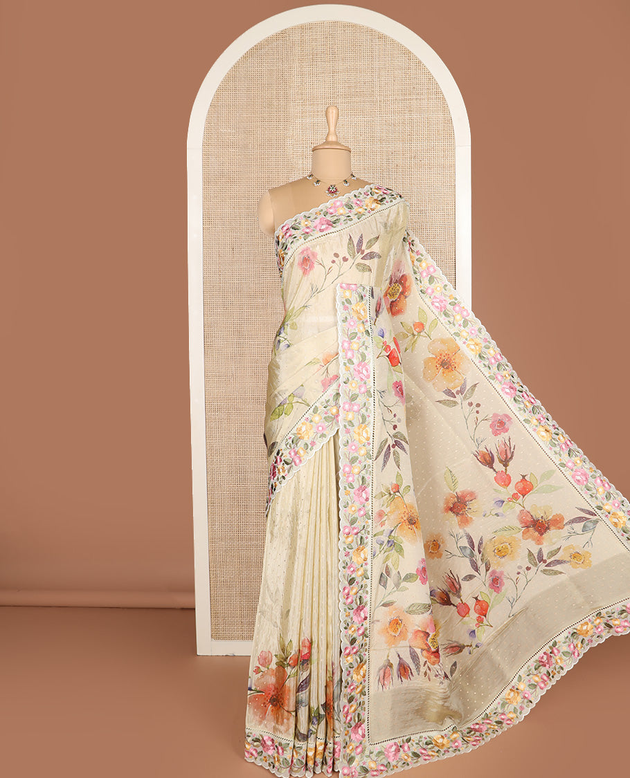 Sandal buttas with floral printed dola silk saree, contrast floral embroidered scallop border