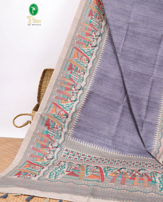 Grey Semi-Banaras Tussar Saree With Contrast Madhubani Design Border & Floral , madhubani style Pallu