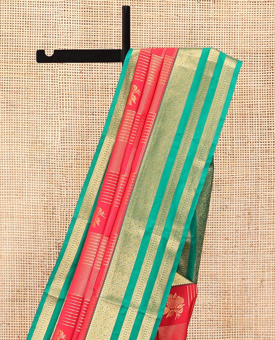 Rani Pink and Green Budget Silk Saree, Richly Detailed with Zari Butta Enclosed Checks On Its Body, Complemented by Contrast Traditional Zari Designs Woven Border, Grand Pallu and Paired with a Contrast Blouse