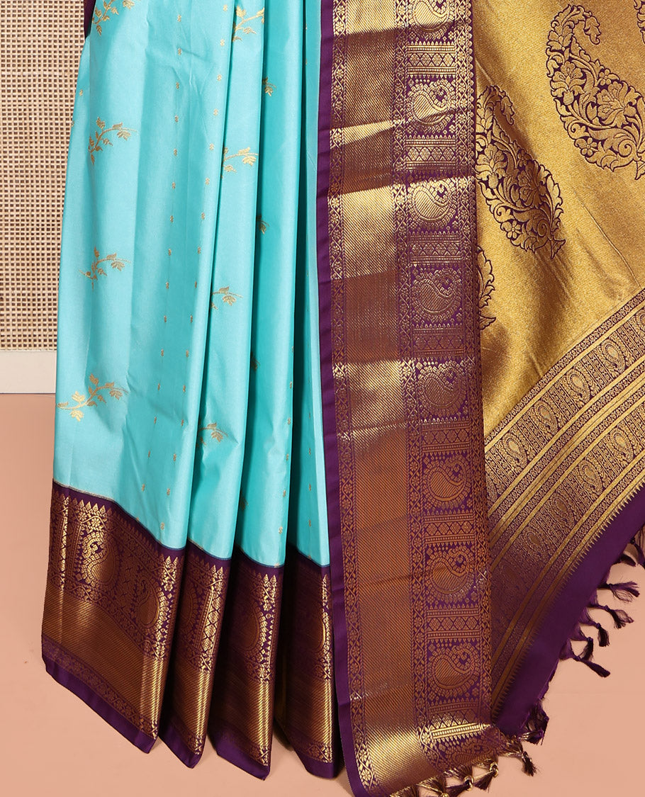 Light Blue and Purple Budget Silk Saree, Graced with Zari Buttas on Its Body, Complemented by a Contrast Traditional Zari Design Border of Paisleys, Pallu of Paisley Designs, and Paired with a Contrast Blouse
