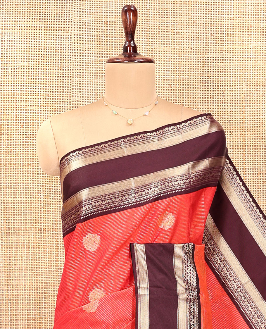 Reddish Orange and Coffee Brown Budget Silk Saree, Ornamented With Zari Buttas and Vaira Oosai Stripes All Over Its Body, Complemented by Contrast Traditional Zari Rettai Pettu Border, Grand Pallu, and Paired with a Contrast Blouse