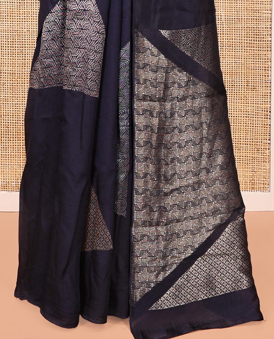 Borderless Navy Blue Chanderi Cotton Saree, Richly Detailed with Zari Triangle Motifs Steeped All Over Its Body, Highlighted by Grand Zari Rich Pallu, and Paired with a Matching Brocade Blouse