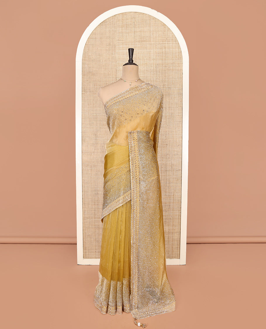 Gold Fendi Silk Saree, Enthralled with Swarovski Stonework Border, and a Stonework Blouse