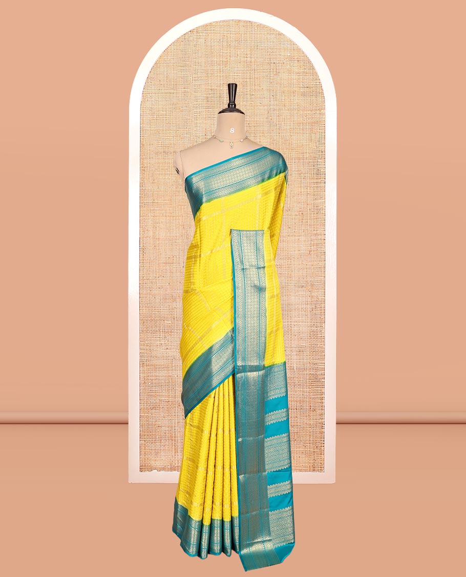 Yellow Fancy Mysore Silk Saree Features Zari Checks, Contrast Traditional Border, Grand Pallu, Contrast Blouse