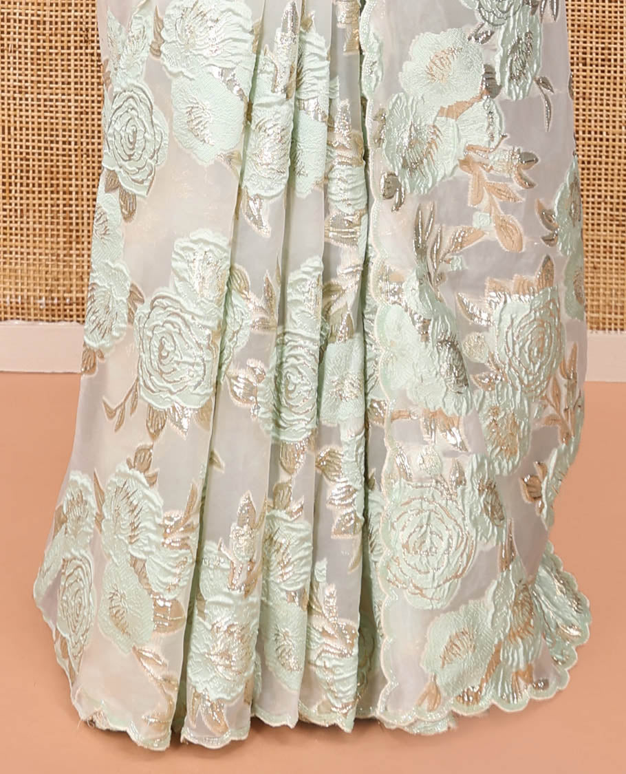 Sea Green Turkey Organza Saree Features Floral Gold-Glitter work, Scallop Border, Embroidered Blouse
