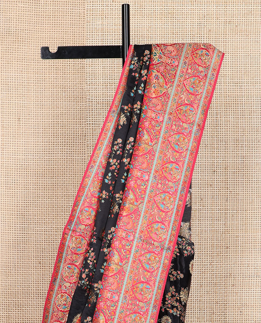 Black meenakari-style floral & paisley vine pattern dola satin silk saree, contrast border & pallu steeped with meenakari-style flora-fauna motifs