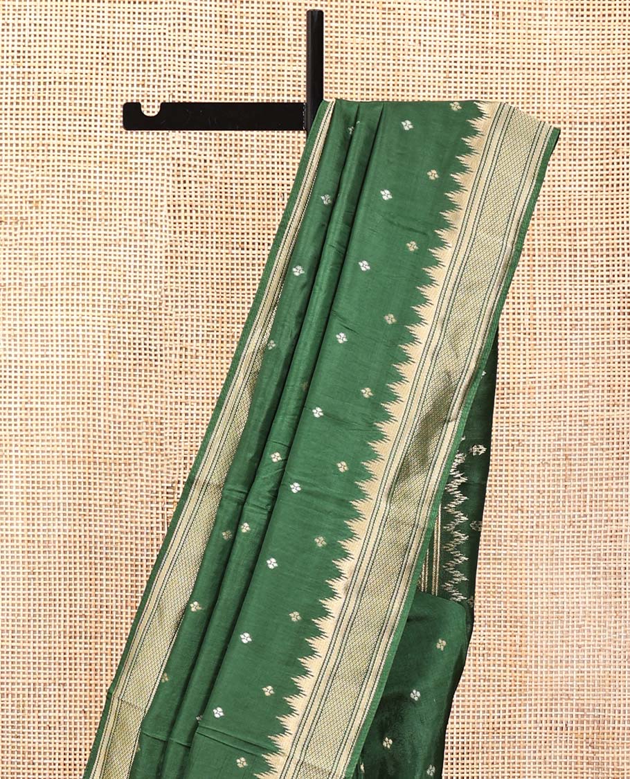 Mehendi Green HO Silk Saree, Elevated with Zari Buttas All Over Its Body, Highlighted by Temple Border of Diamond Patterns, Pallu Artfully Woven with Tree of Life Design, and Paired with a Matching Blouse