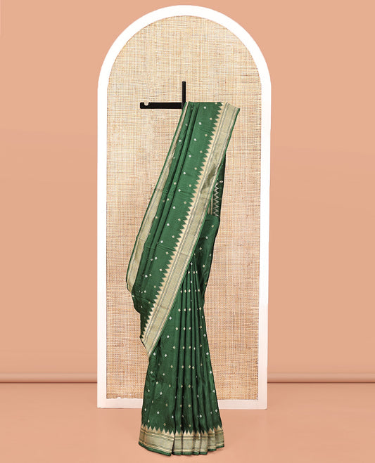 Mehendi Green HO Silk Saree, Elevated with Zari Buttas All Over Its Body, Highlighted by Temple Border of Diamond Patterns, Pallu Artfully Woven with Tree of Life Design, and Paired with a Matching Blouse