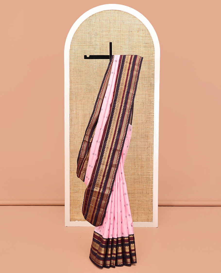 Baby Pink and Coffee Brown Vasundhara Lite Silk Mix Saree, Subtly Adorned with Buttas All Over Its Body, Complemented by Contrast Border of Thazampoo Rekku, Banaras, Jada Nagam, and Ara Maadam Designs, Grand Pallu, and Paired with a Contrast Blouse