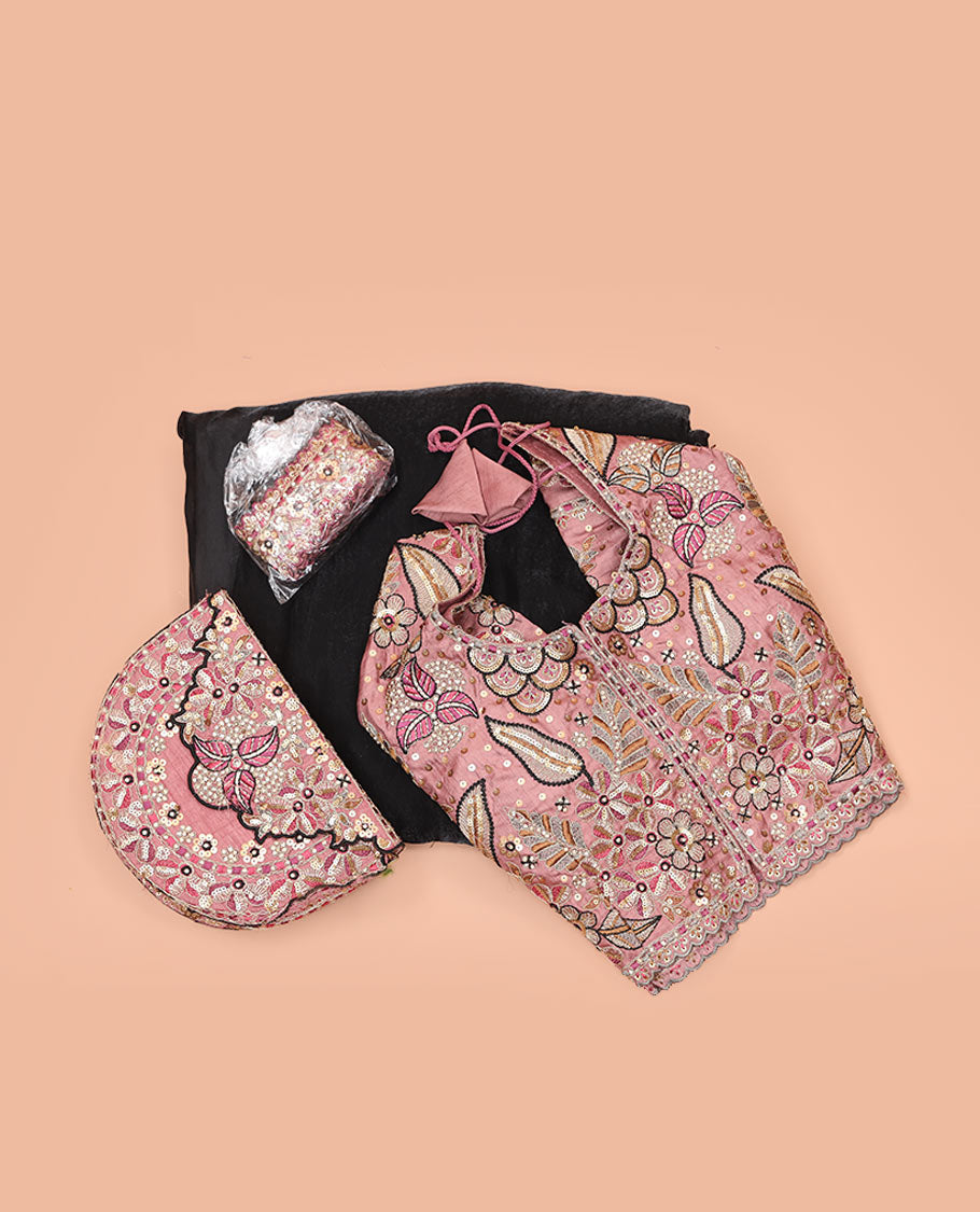 Black Plain Party Wear Designer Saree, Complemented with a Contrast Round Neck Heavy Embroidered Elbow Sleeve Readymade Blouse, Detachable Embroidered Belt, and a Free Embroidered Flap Sling Bag