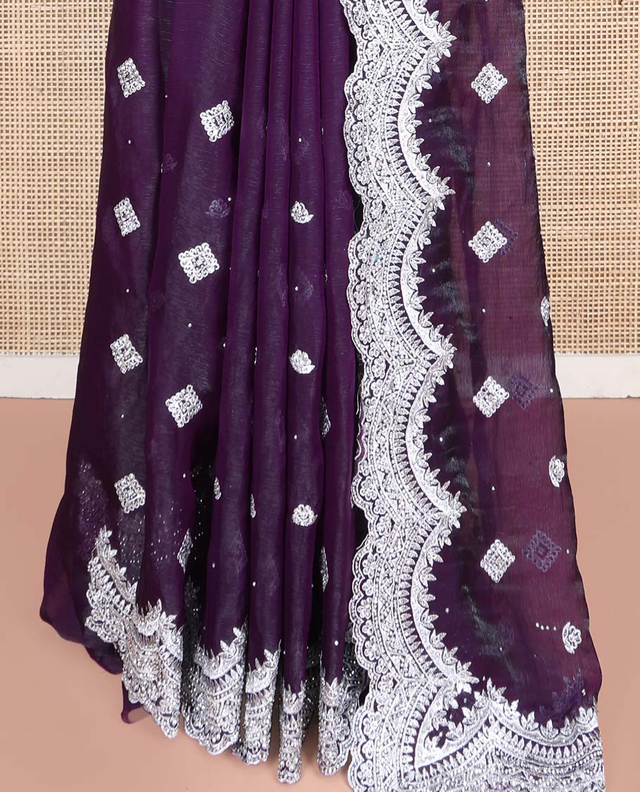 Purple Designer Saree, Prettified with Detailed Embroidered Buttas on Its Body, Highlighted by a Scallop Embroidered Border, Self-Design Pallu, and Paired with a Matching Blouse