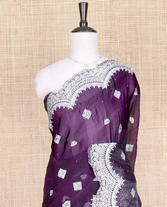 Purple Designer Saree, Prettified with Detailed Embroidered Buttas on Its Body, Highlighted by a Scallop Embroidered Border, Self-Design Pallu, and Paired with a Matching Blouse