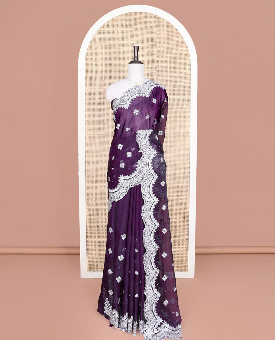 Purple Designer Saree, Prettified with Detailed Embroidered Buttas on Its Body, Highlighted by a Scallop Embroidered Border, Self-Design Pallu, and Paired with a Matching Blouse