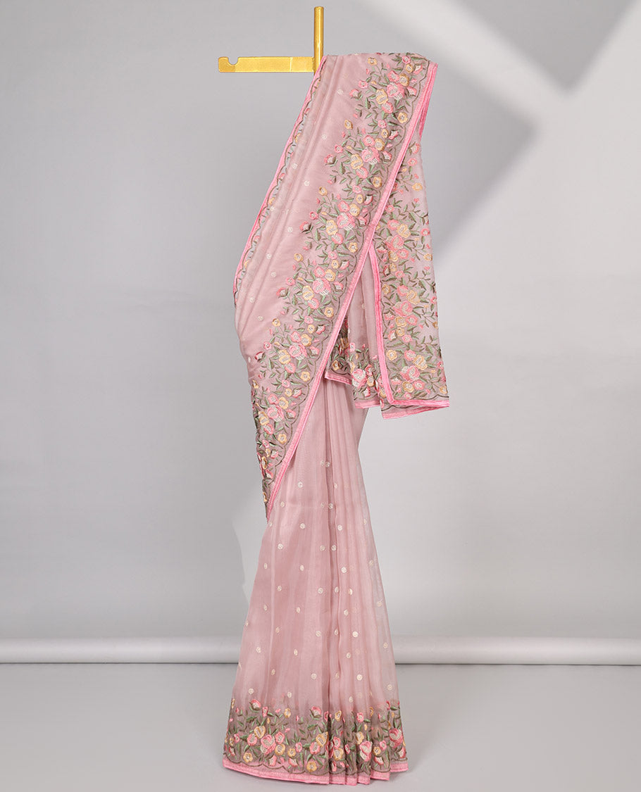 Pink motifs embroidery net designer saree with self floral border & floral embroidery pallu 