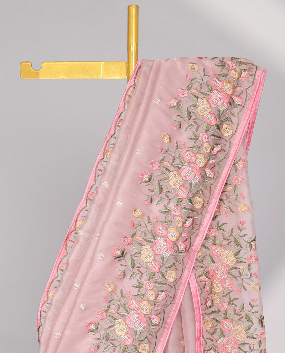 Pink motifs embroidery net designer saree with self floral border & floral embroidery pallu 