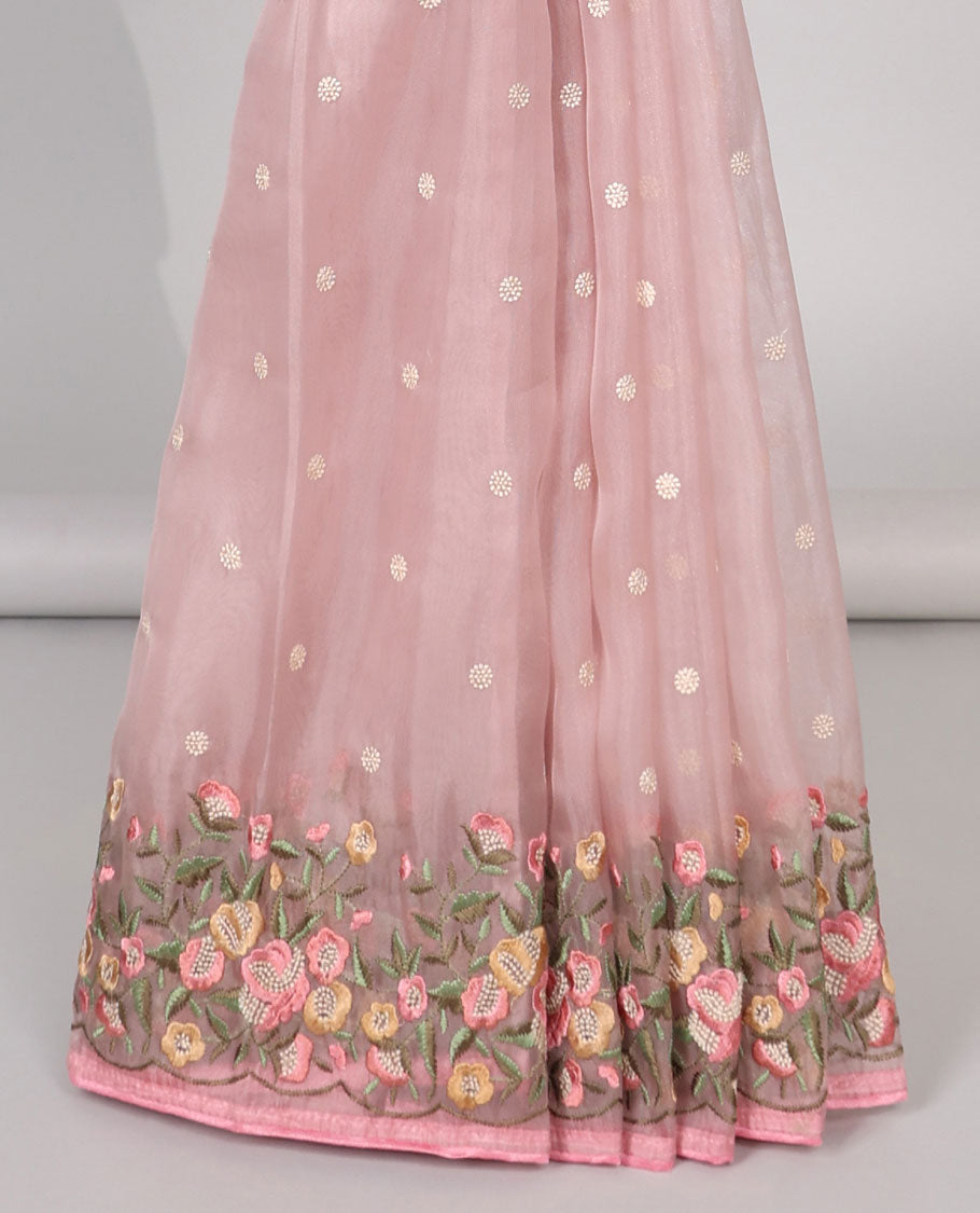 Pink motifs embroidery net designer saree with self floral border & floral embroidery pallu 