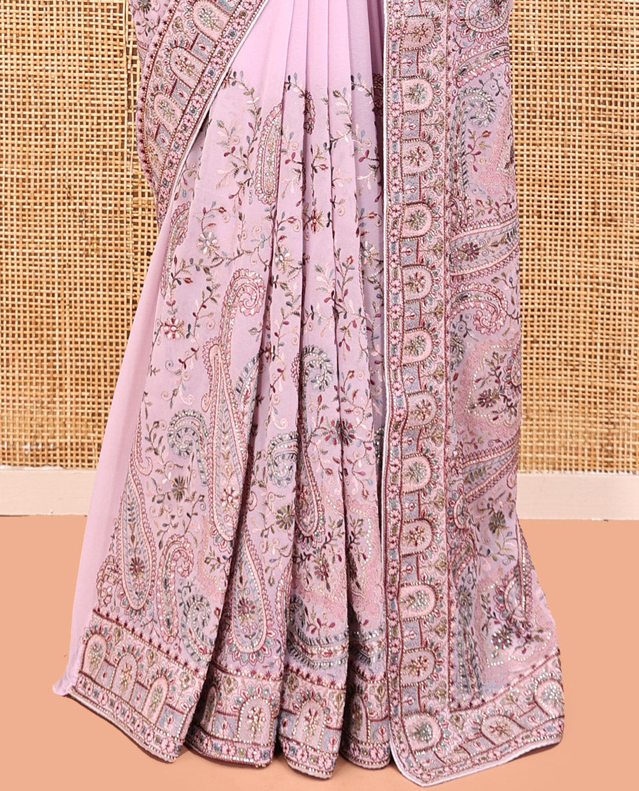 Pale Pink Designer Saree, Meticulously Crafted with Floral-Paisley Embroidery, a Mixed Embroidery Border, and a Matching Blouse