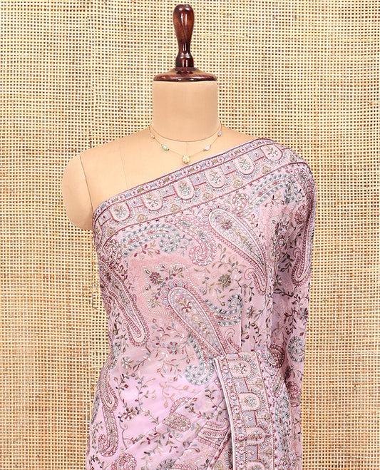 Pale Pink Designer Saree, Meticulously Crafted with Floral-Paisley Embroidery, a Mixed Embroidery Border, and a Matching Blouse