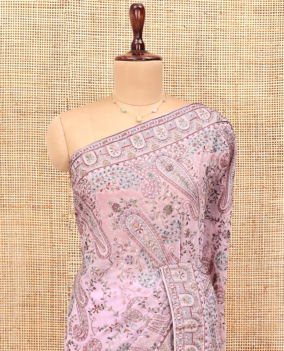 Pale Pink Designer Saree, Meticulously Crafted with Floral-Paisley Embroidery, a Mixed Embroidery Border, and a Matching Blouse