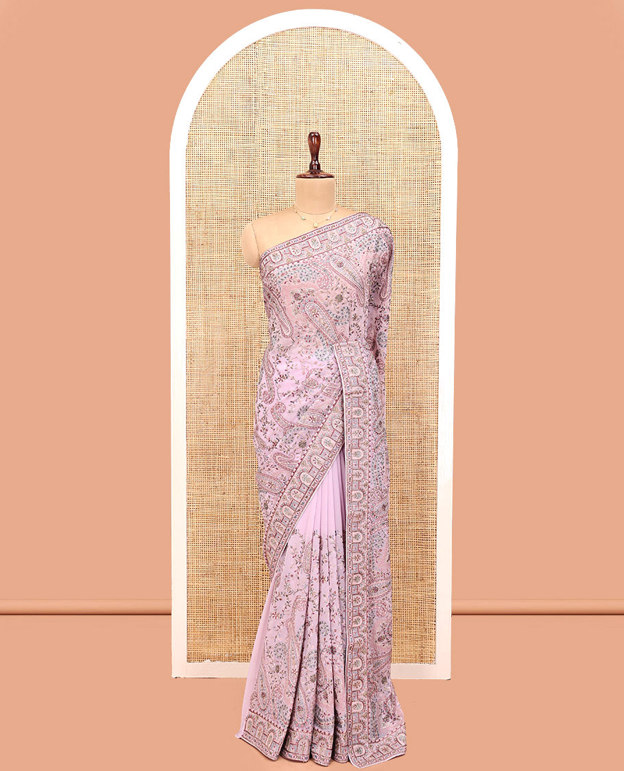 Pale Pink Designer Saree, Meticulously Crafted with Floral-Paisley Embroidery, a Mixed Embroidery Border, and a Matching Blouse