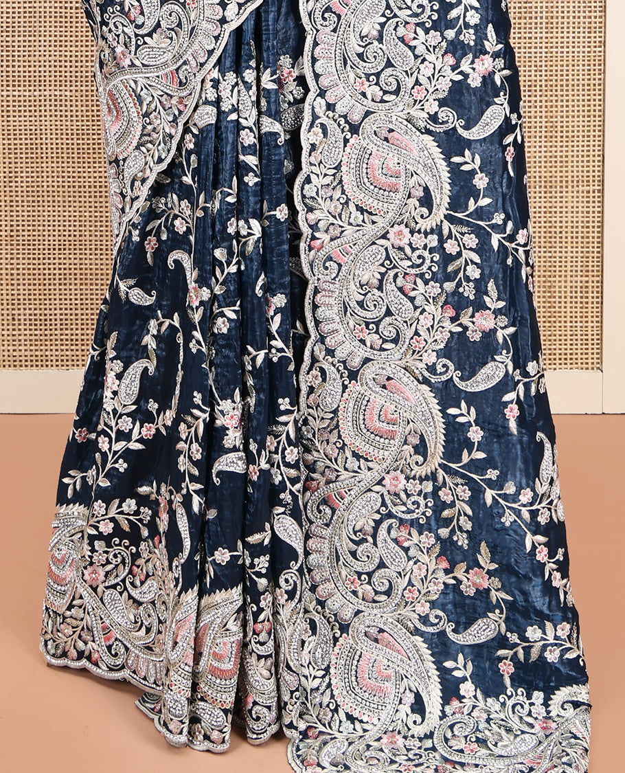 Blue Designer Saree, Impeccably Styled with Floral-Paisley Embroidery, Scallop Floral-Paisley Embroidered Border, and Matching Embroidered Blouse