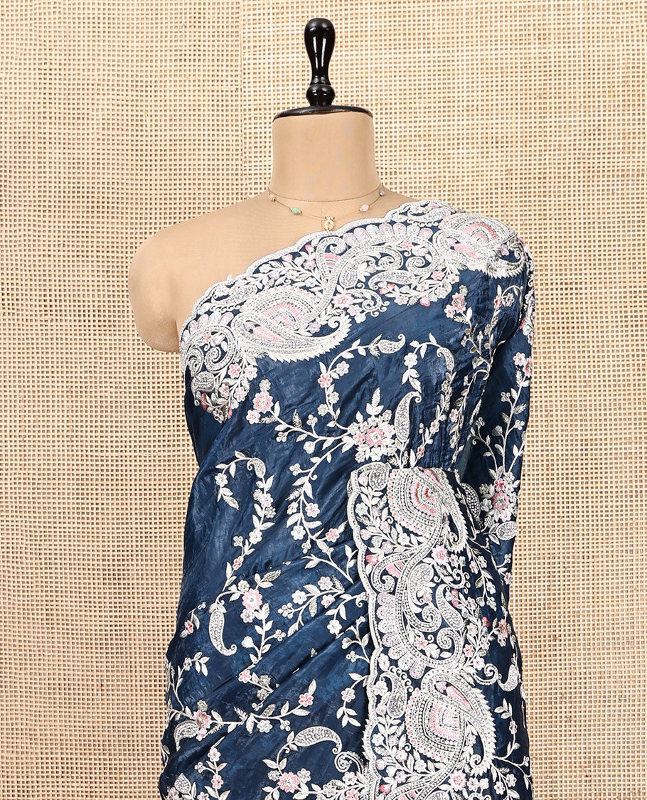 Blue Designer Saree, Impeccably Styled with Floral-Paisley Embroidery, Scallop Floral-Paisley Embroidered Border, and Matching Embroidered Blouse