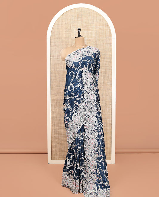 Blue Designer Saree, Impeccably Styled with Floral-Paisley Embroidery, Scallop Floral-Paisley Embroidered Border, and Matching Embroidered Blouse