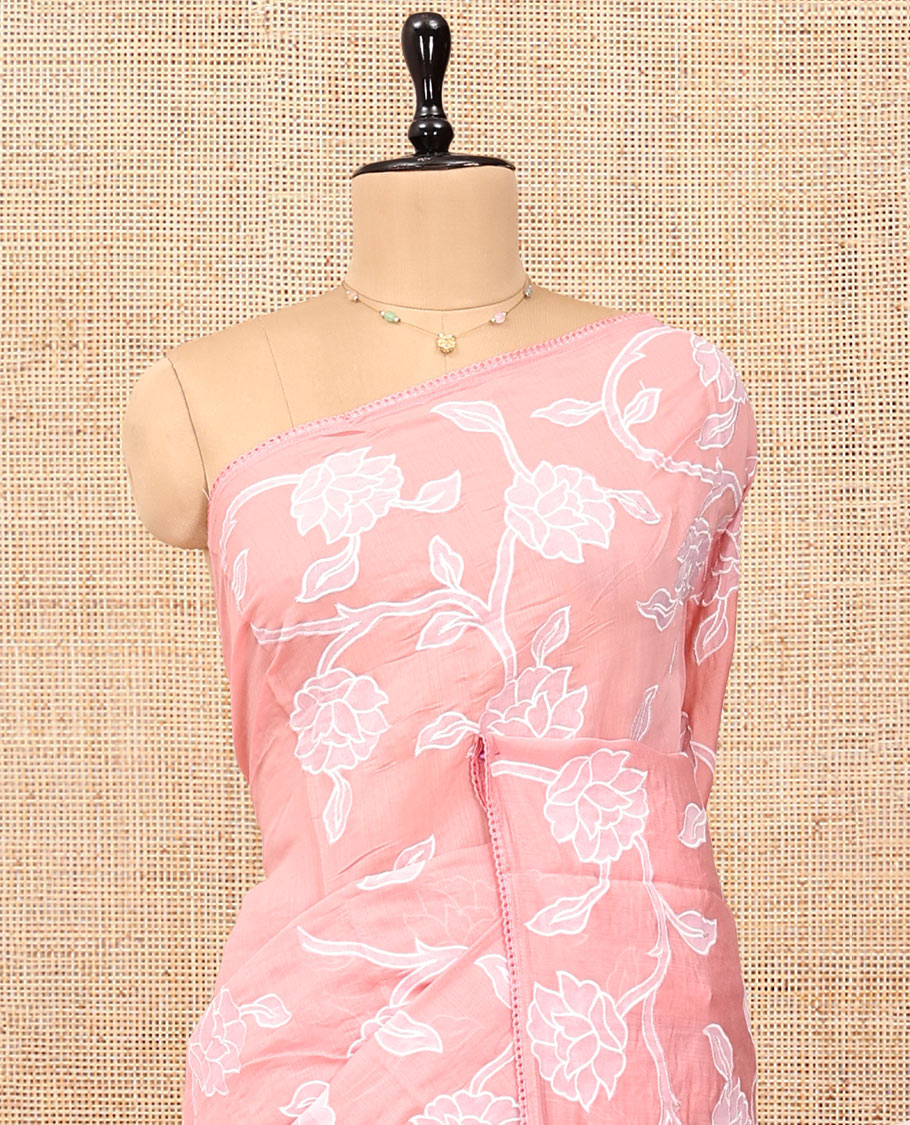 Pink Organza Saree, Adorned with Floral Vine Design, a Lace Border, and a Matching Blouse