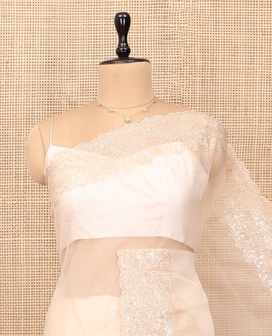Light Sandal Plain Organza Saree, a Scallop Floral Sequins Embroidered Border, and a Matching Blouse