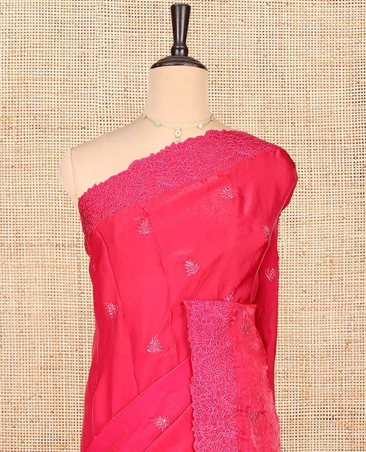 Pink Designer Saree, Prettified with Leaf Stone Patchwork, a Scallop Floral Stonework Border, and a Matching Blouse