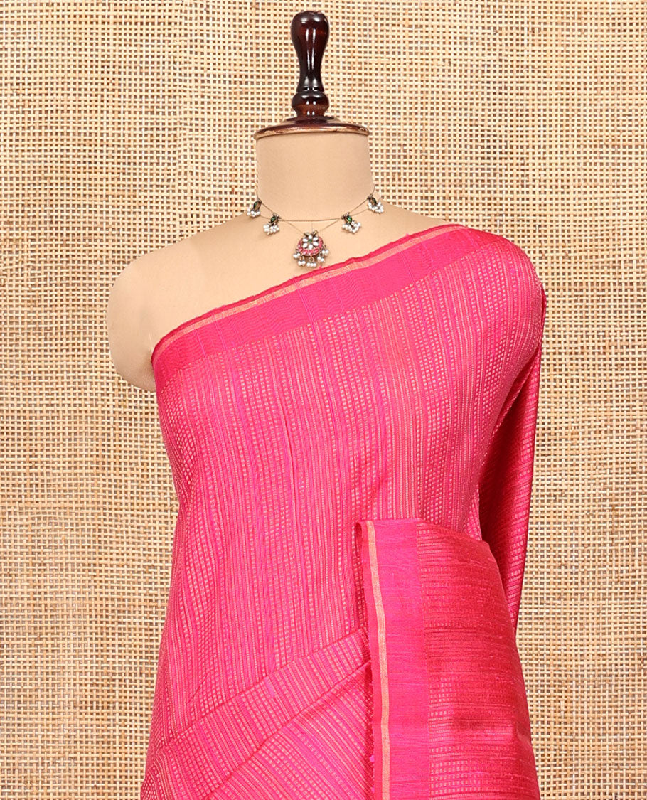 Rani Pink Dupion Silk Saree, Steeped in the Richness of Zari Stripes and Buttas, a Zari Piping Border, Temple Design Palllu