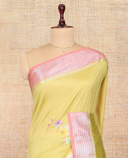 Pale Yellow Raw mango Silk Saree, Subtly Sparkled with Checks and Floral Buttas, a Contrast Floral Creeper Border, Intricate Pallu, and a Contrast Blouse