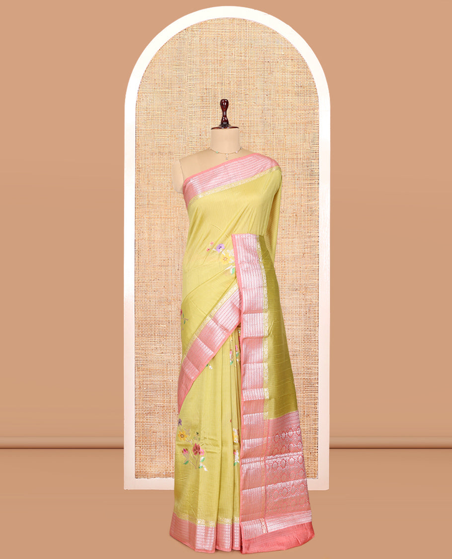 Pale Yellow Raw mango Silk Saree, Subtly Sparkled with Checks and Floral Buttas, a Contrast Floral Creeper Border, Intricate Pallu, and a Contrast Blouse