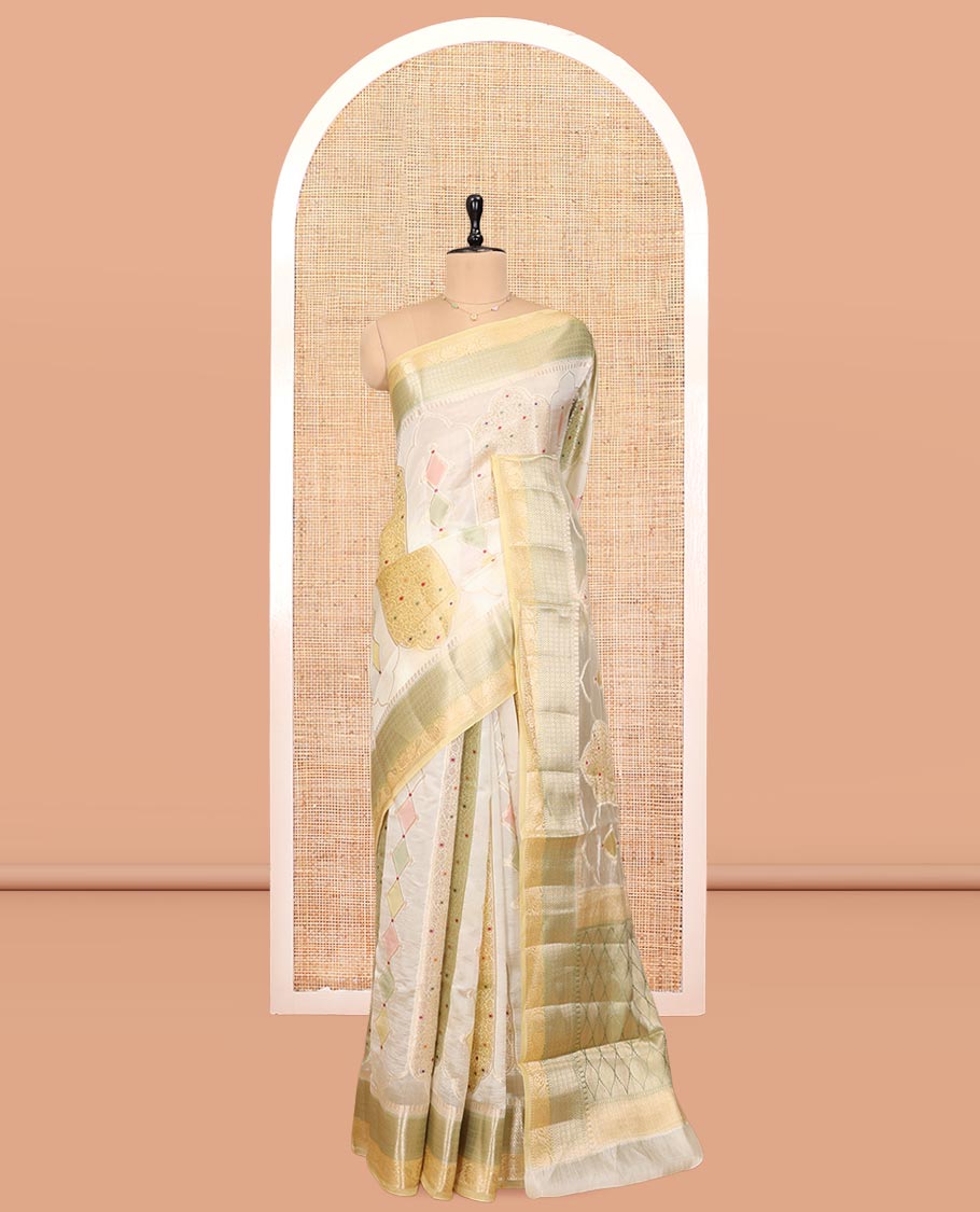 Yellow Dupion Silk Saree, Embellished with Rangkat-Style Mughal Designs, a Contrast Traditional Zari Border, Ogee Pallu, and a Contrast Blouse